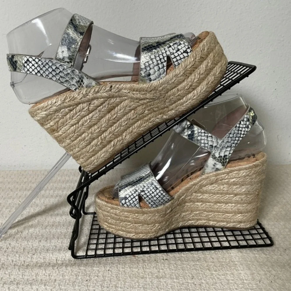 Sam‎ Edelman Maura Snakeskin Platform Wedge Espadrille Sandals White Black 6M
